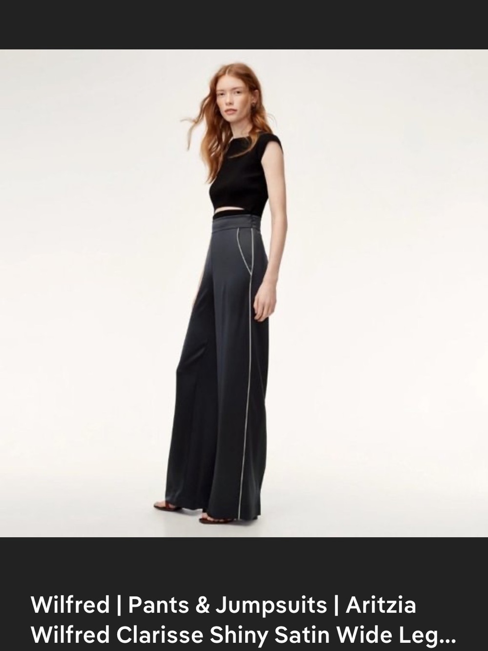 Aritzia- Wilfred Brand Black Wide-Leg Satin Pants, White Piping Along Sides.